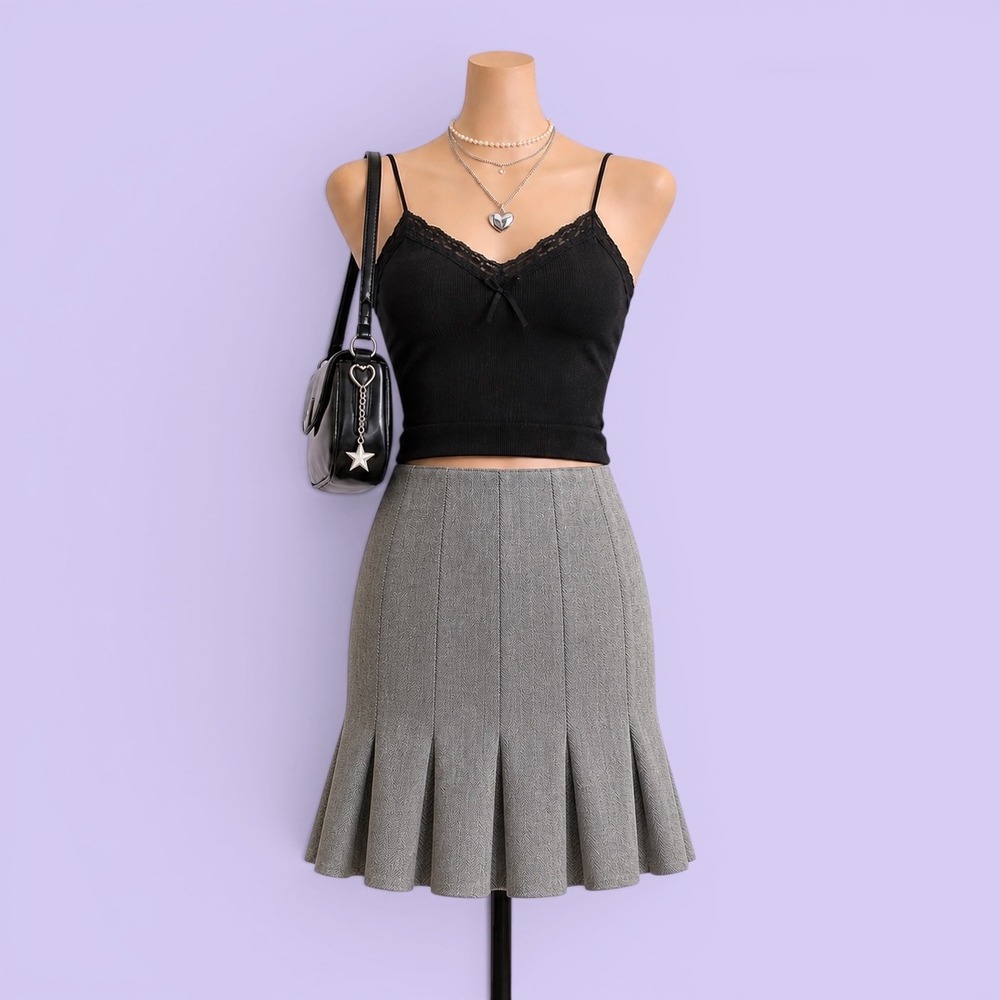 Chaps Vintage Y2K Grey Herringbone Wool Skirt Petite 8P Pleated Fit Flare Lined